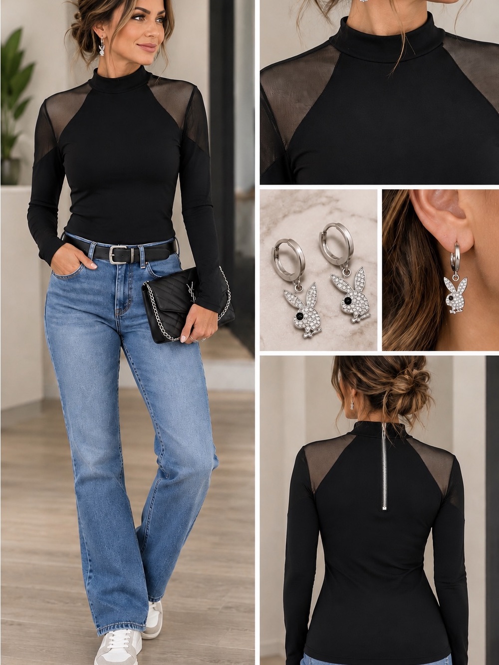 Charlotte Russe Black Long-Sleeve Mock Neck Top with Mesh Shoulders
